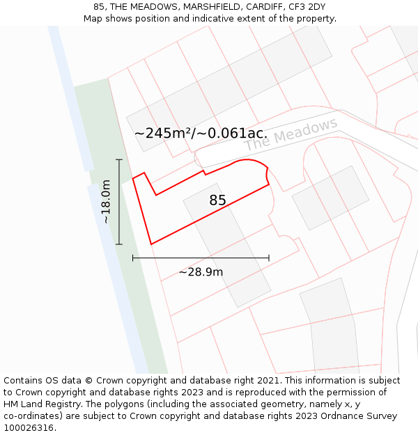 85, THE MEADOWS, MARSHFIELD, CARDIFF, CF3 2DY: Plot and title map