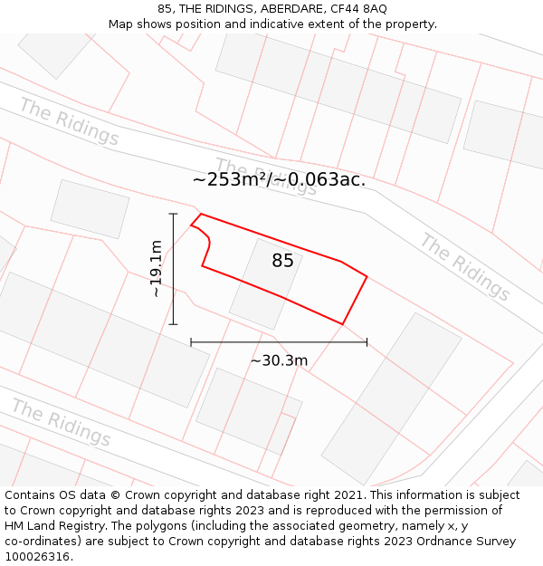85, THE RIDINGS, ABERDARE, CF44 8AQ: Plot and title map