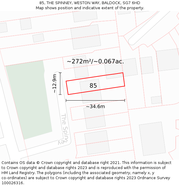 85, THE SPINNEY, WESTON WAY, BALDOCK, SG7 6HD: Plot and title map