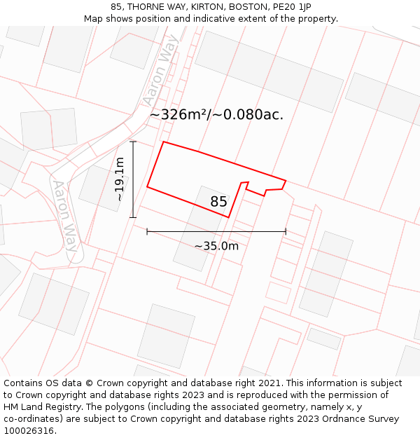85, THORNE WAY, KIRTON, BOSTON, PE20 1JP: Plot and title map