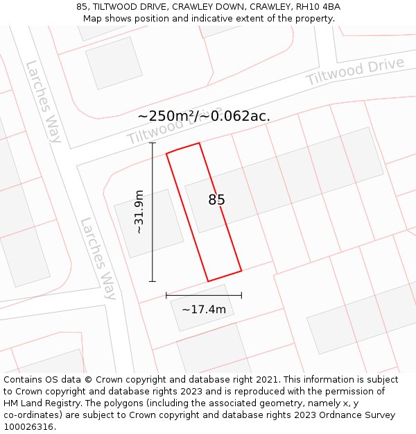 85, TILTWOOD DRIVE, CRAWLEY DOWN, CRAWLEY, RH10 4BA: Plot and title map