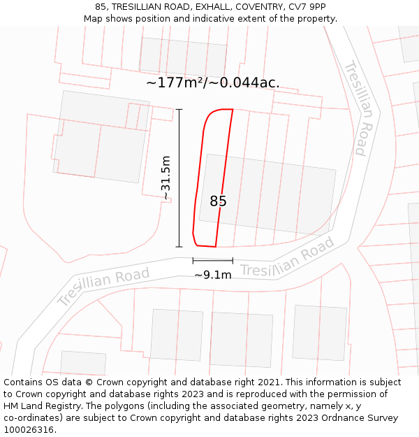 85, TRESILLIAN ROAD, EXHALL, COVENTRY, CV7 9PP: Plot and title map