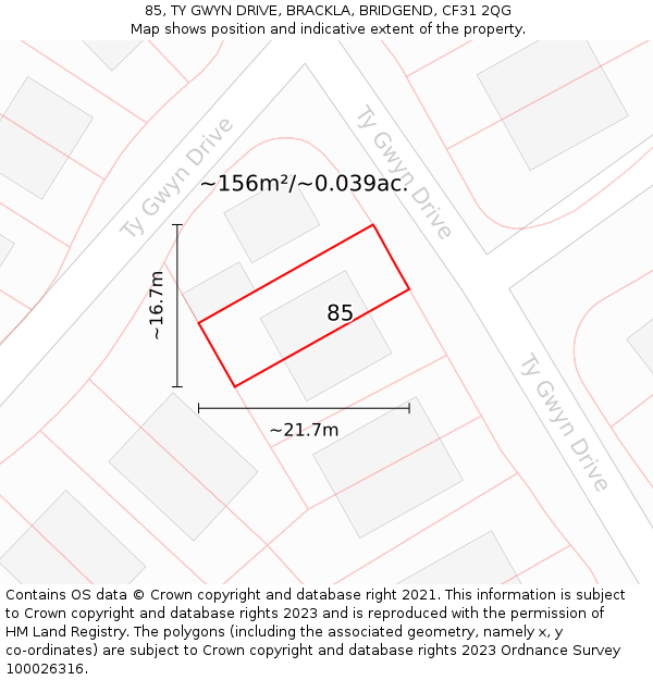85, TY GWYN DRIVE, BRACKLA, BRIDGEND, CF31 2QG: Plot and title map