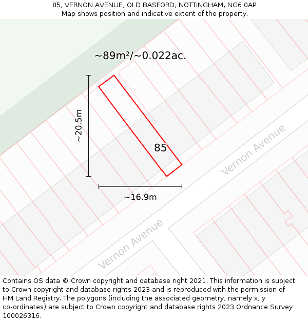 85, VERNON AVENUE, OLD BASFORD, NOTTINGHAM, NG6 0AP: Plot and title map