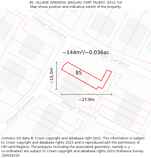 85, VILLAGE GARDENS, BAGLAN, PORT TALBOT, SA12 7LP: Plot and title map