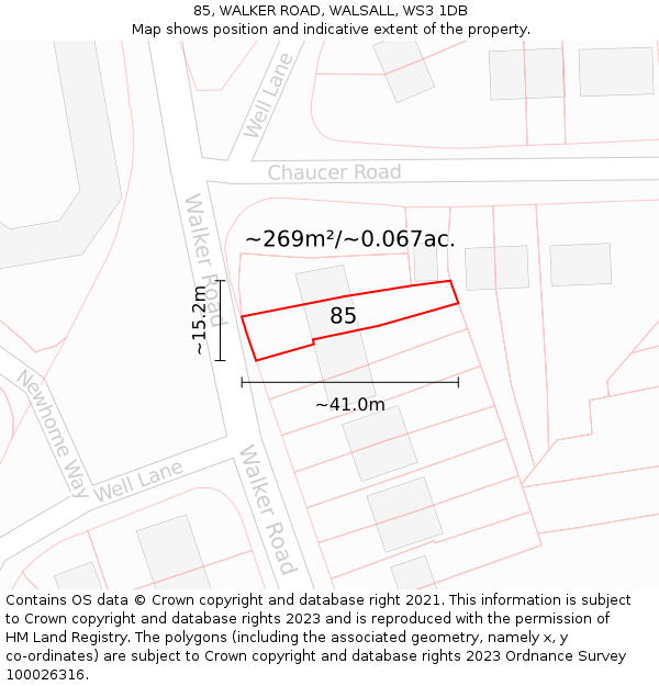 85, WALKER ROAD, WALSALL, WS3 1DB: Plot and title map