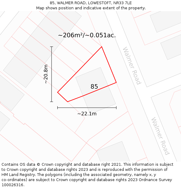 85, WALMER ROAD, LOWESTOFT, NR33 7LE: Plot and title map