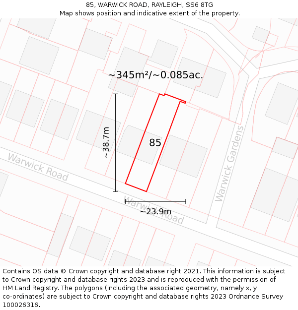 85, WARWICK ROAD, RAYLEIGH, SS6 8TG: Plot and title map