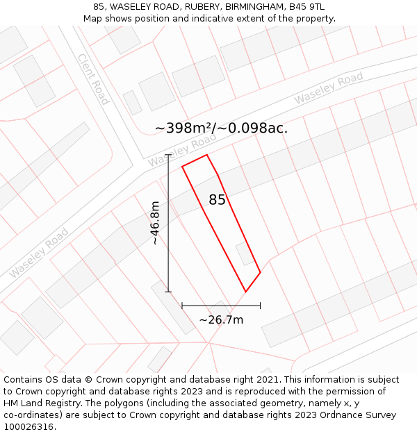 85, WASELEY ROAD, RUBERY, BIRMINGHAM, B45 9TL: Plot and title map