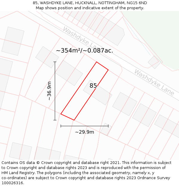 85, WASHDYKE LANE, HUCKNALL, NOTTINGHAM, NG15 6ND: Plot and title map