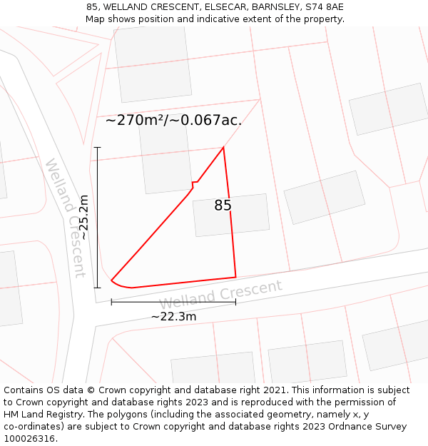 85, WELLAND CRESCENT, ELSECAR, BARNSLEY, S74 8AE: Plot and title map