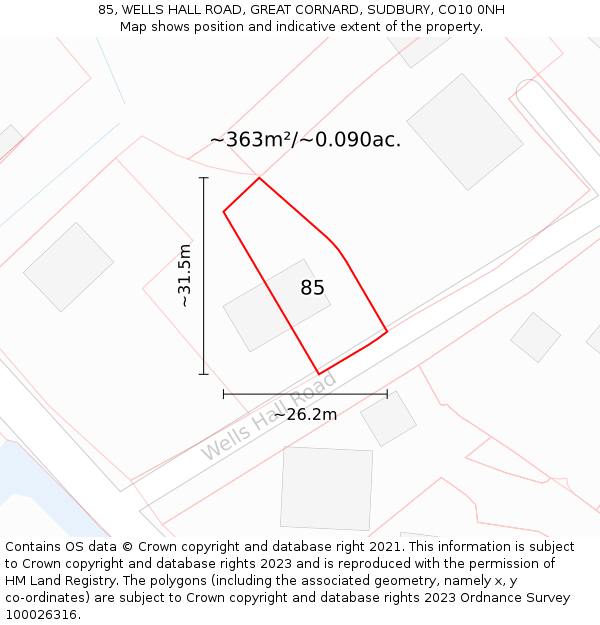 85, WELLS HALL ROAD, GREAT CORNARD, SUDBURY, CO10 0NH: Plot and title map