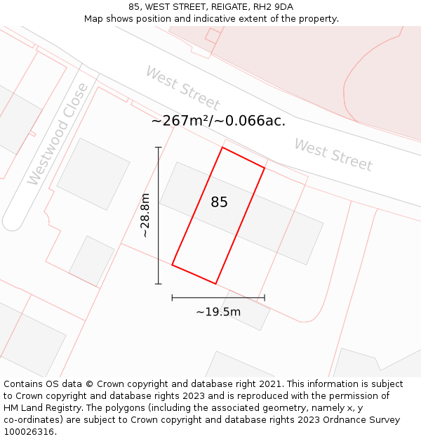 85, WEST STREET, REIGATE, RH2 9DA: Plot and title map
