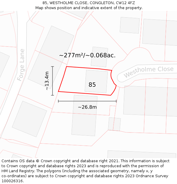 85, WESTHOLME CLOSE, CONGLETON, CW12 4FZ: Plot and title map