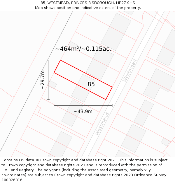 85, WESTMEAD, PRINCES RISBOROUGH, HP27 9HS: Plot and title map