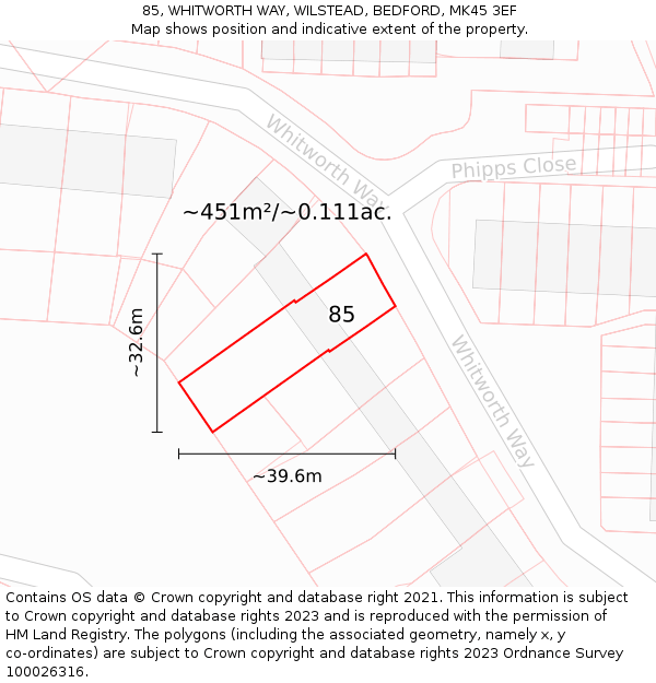 85, WHITWORTH WAY, WILSTEAD, BEDFORD, MK45 3EF: Plot and title map