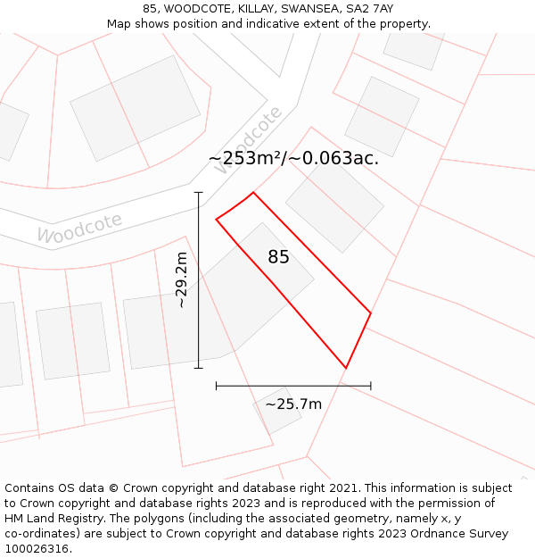 85, WOODCOTE, KILLAY, SWANSEA, SA2 7AY: Plot and title map
