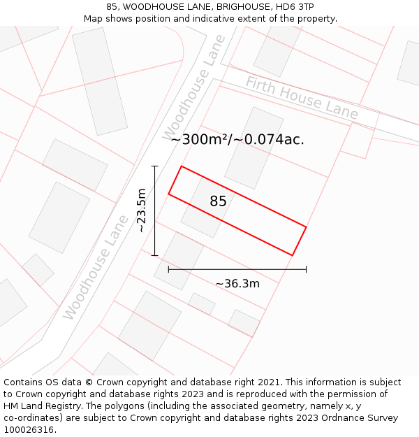 85, WOODHOUSE LANE, BRIGHOUSE, HD6 3TP: Plot and title map