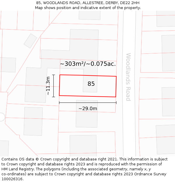 85, WOODLANDS ROAD, ALLESTREE, DERBY, DE22 2HH: Plot and title map