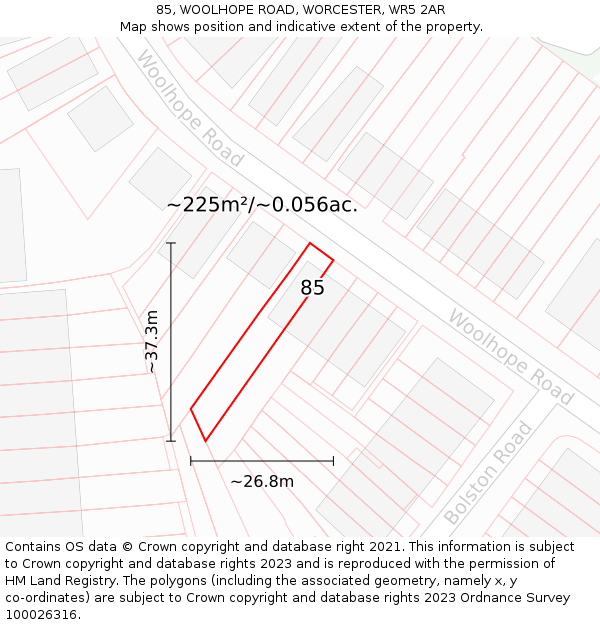 85, WOOLHOPE ROAD, WORCESTER, WR5 2AR: Plot and title map
