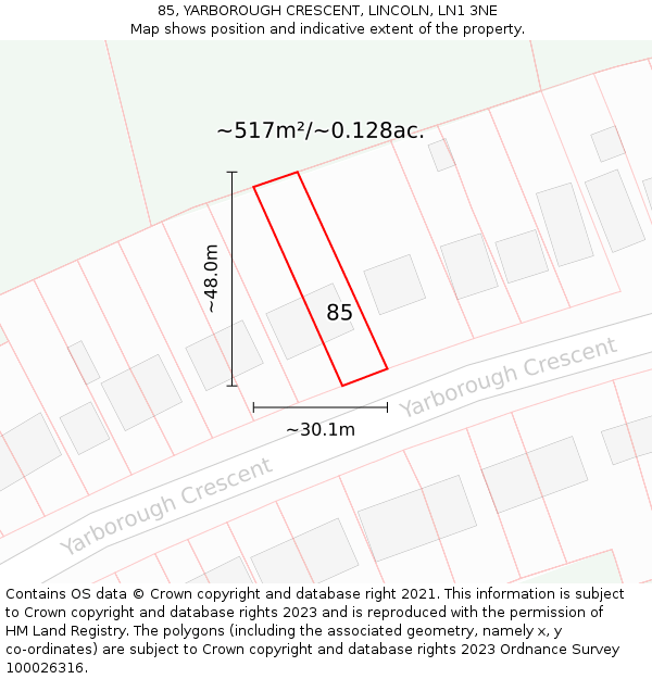 85, YARBOROUGH CRESCENT, LINCOLN, LN1 3NE: Plot and title map