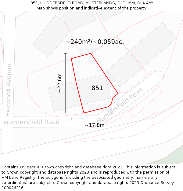 851, HUDDERSFIELD ROAD, AUSTERLANDS, OLDHAM, OL4 4AY: Plot and title map