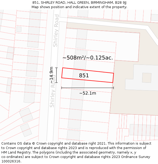 851, SHIRLEY ROAD, HALL GREEN, BIRMINGHAM, B28 9JJ: Plot and title map