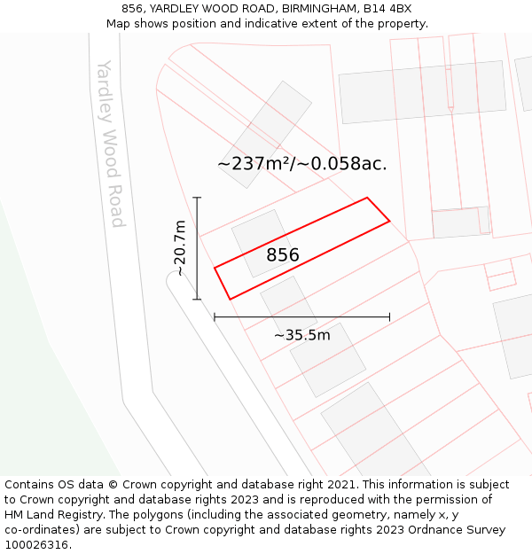 856, YARDLEY WOOD ROAD, BIRMINGHAM, B14 4BX: Plot and title map