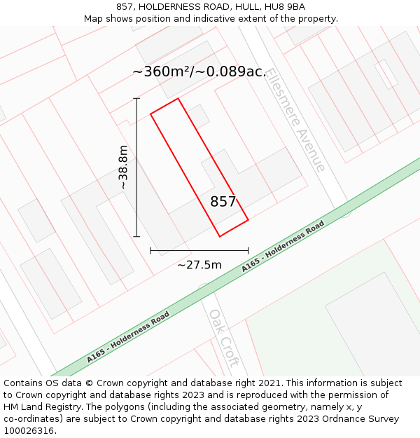 857, HOLDERNESS ROAD, HULL, HU8 9BA: Plot and title map