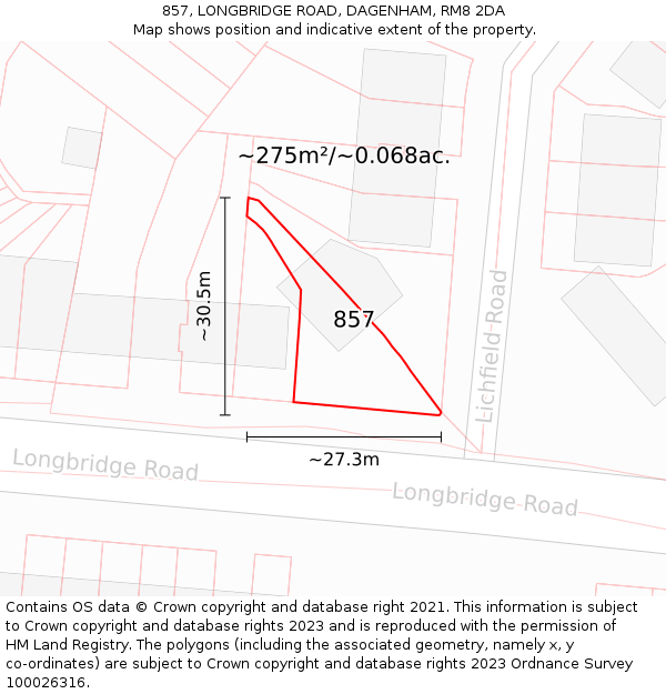 857, LONGBRIDGE ROAD, DAGENHAM, RM8 2DA: Plot and title map