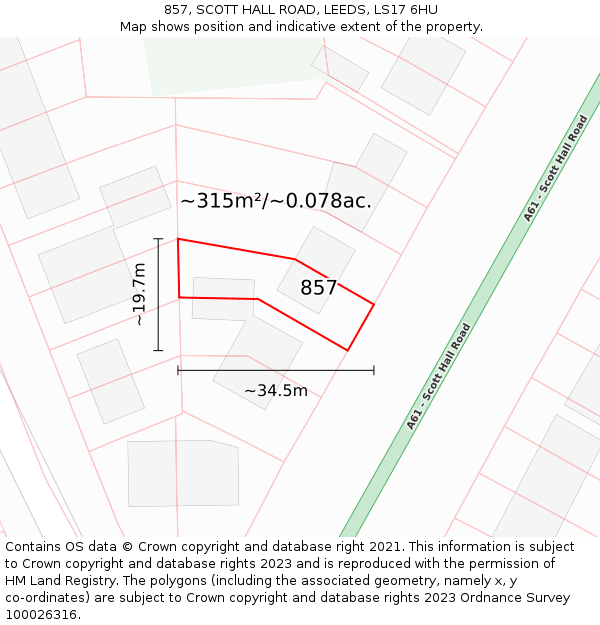 857, SCOTT HALL ROAD, LEEDS, LS17 6HU: Plot and title map