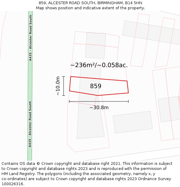 859, ALCESTER ROAD SOUTH, BIRMINGHAM, B14 5HN: Plot and title map