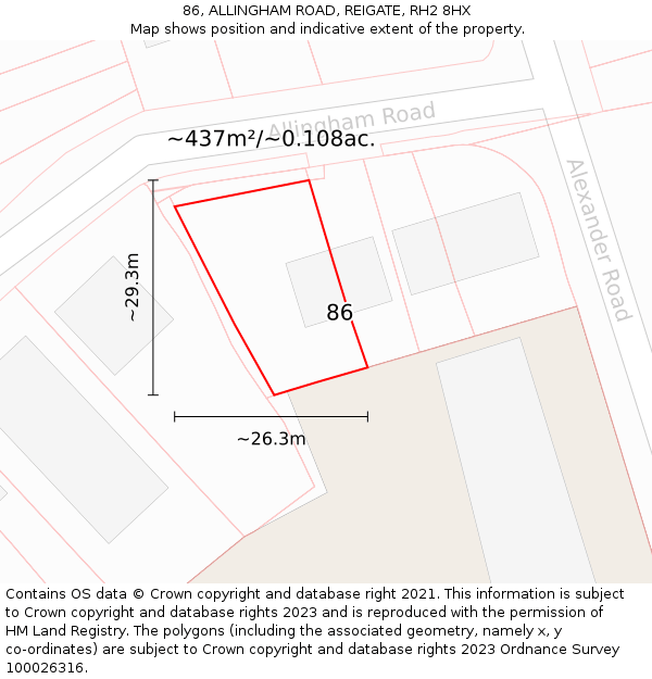 86, ALLINGHAM ROAD, REIGATE, RH2 8HX: Plot and title map