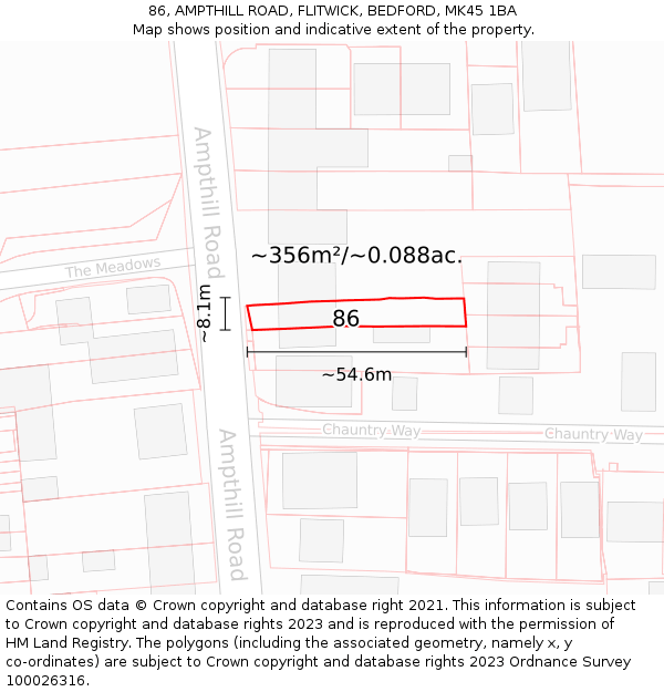 86, AMPTHILL ROAD, FLITWICK, BEDFORD, MK45 1BA: Plot and title map