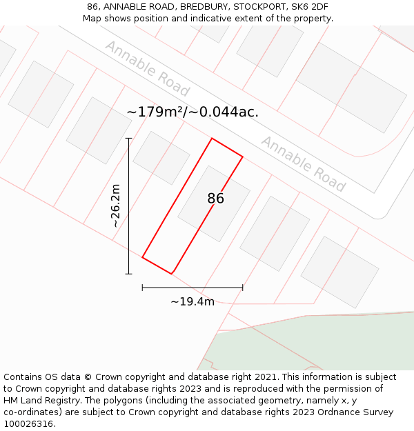 86, ANNABLE ROAD, BREDBURY, STOCKPORT, SK6 2DF: Plot and title map