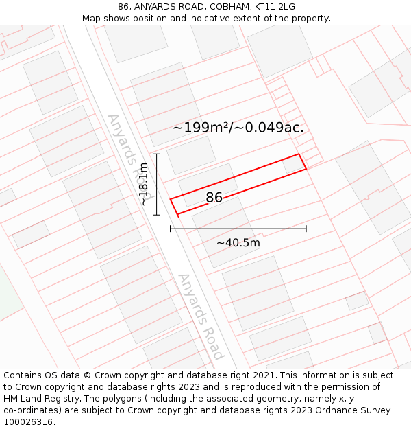86, ANYARDS ROAD, COBHAM, KT11 2LG: Plot and title map
