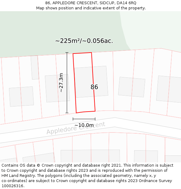 86, APPLEDORE CRESCENT, SIDCUP, DA14 6RQ: Plot and title map