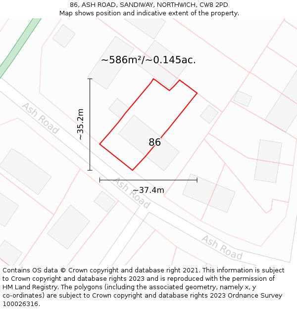 86, ASH ROAD, SANDIWAY, NORTHWICH, CW8 2PD: Plot and title map