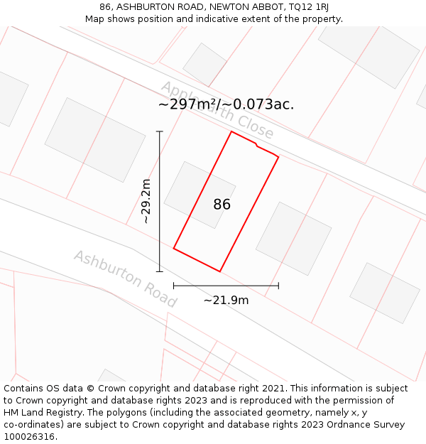 86, ASHBURTON ROAD, NEWTON ABBOT, TQ12 1RJ: Plot and title map