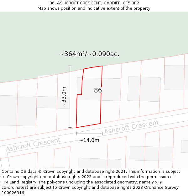 86, ASHCROFT CRESCENT, CARDIFF, CF5 3RP: Plot and title map