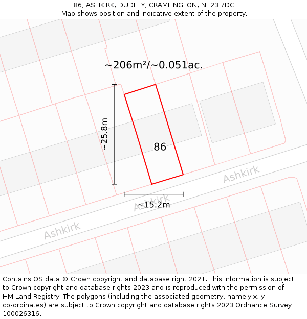 86, ASHKIRK, DUDLEY, CRAMLINGTON, NE23 7DG: Plot and title map
