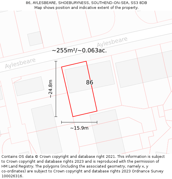86, AYLESBEARE, SHOEBURYNESS, SOUTHEND-ON-SEA, SS3 8DB: Plot and title map