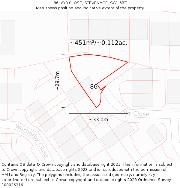 86, AYR CLOSE, STEVENAGE, SG1 5RZ: Plot and title map
