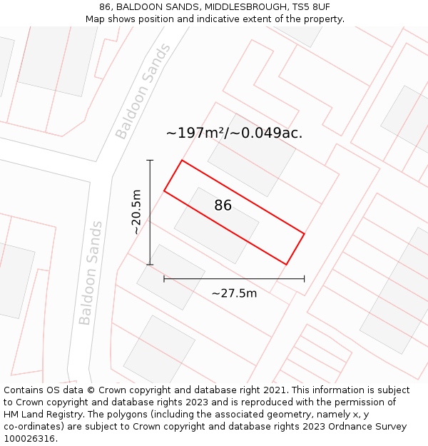 86, BALDOON SANDS, MIDDLESBROUGH, TS5 8UF: Plot and title map