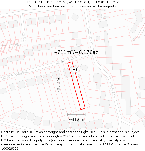 86, BARNFIELD CRESCENT, WELLINGTON, TELFORD, TF1 2EX: Plot and title map