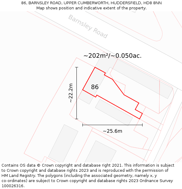 86, BARNSLEY ROAD, UPPER CUMBERWORTH, HUDDERSFIELD, HD8 8NN: Plot and title map