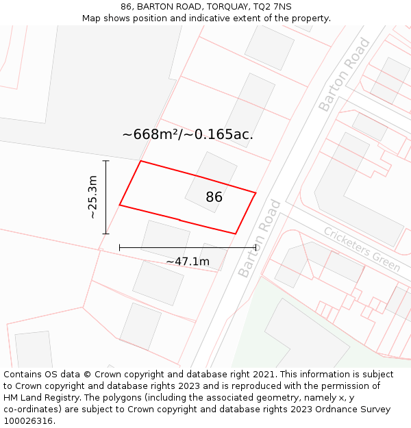 86, BARTON ROAD, TORQUAY, TQ2 7NS: Plot and title map