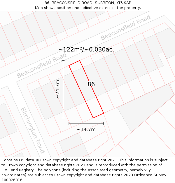 86, BEACONSFIELD ROAD, SURBITON, KT5 9AP: Plot and title map