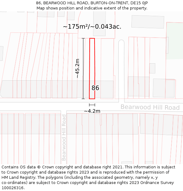 86, BEARWOOD HILL ROAD, BURTON-ON-TRENT, DE15 0JP: Plot and title map