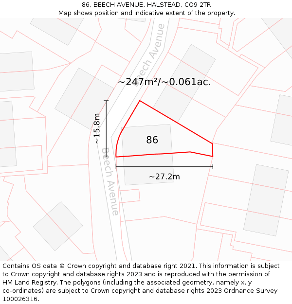 86, BEECH AVENUE, HALSTEAD, CO9 2TR: Plot and title map